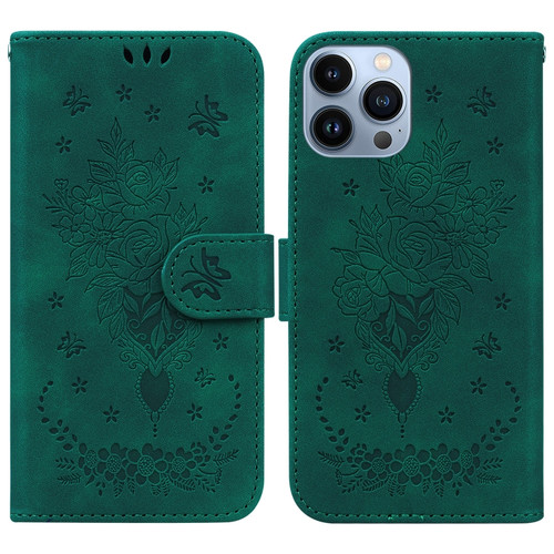 iPhone 15 Pro Butterfly Rose Embossed Leather Phone Case - Green