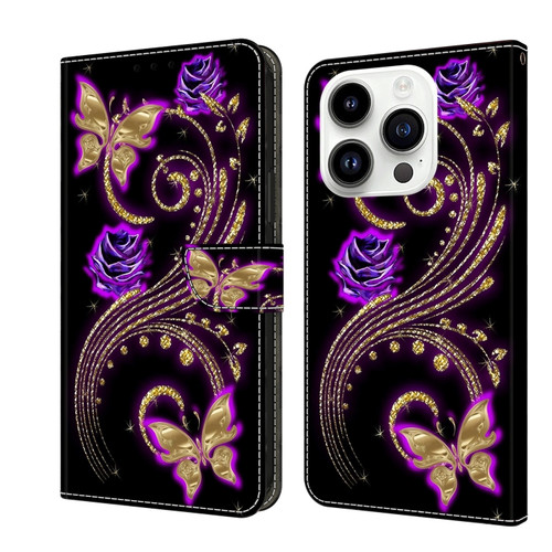 iPhone 15 Pro Crystal 3D Shockproof Protective Leather Phone Case - Purple Flower Butterfly