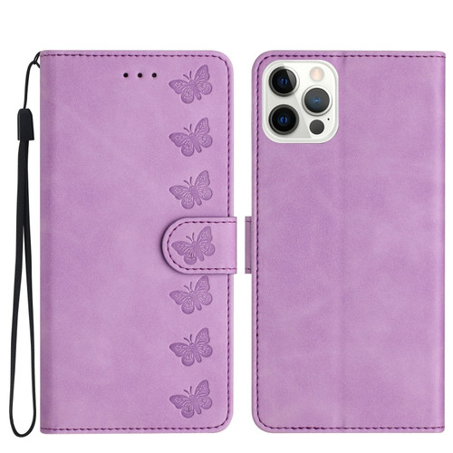 iPhone 15 Pro Seven Butterflies Embossed Leather Phone Case - Purple