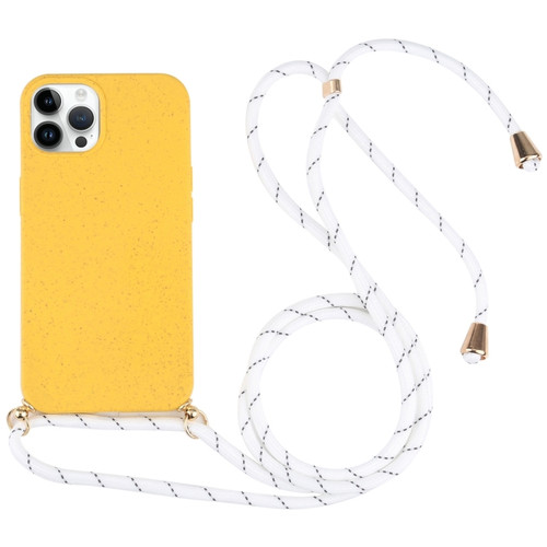 iPhone 15 Pro Wheat Straw TPU Shockproof Phone Case with Neck Lanyard - Yellow