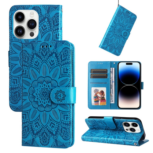 iPhone 15 Pro Embossed Sunflower Leather Phone Case - Blue