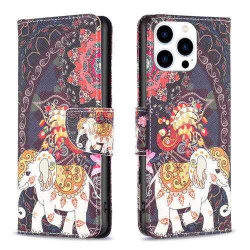 iPhone 15 Pro Colored Drawing Pattern Flip Leather Phone Case - Flowers Elephant