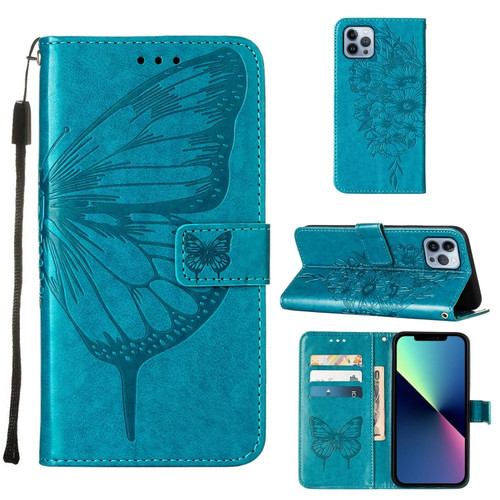 iPhone 15 Pro Embossed Butterfly Leather Phone Case - Blue