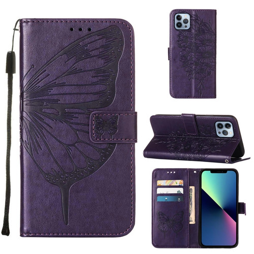 iPhone 15 Pro Embossed Butterfly Leather Phone Case - Dark Purple