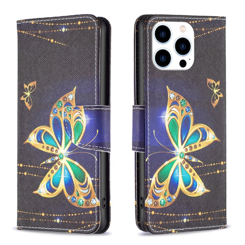 iPhone 15 Pro Colored Drawing Pattern Flip Leather Phone Case - Big Butterfly