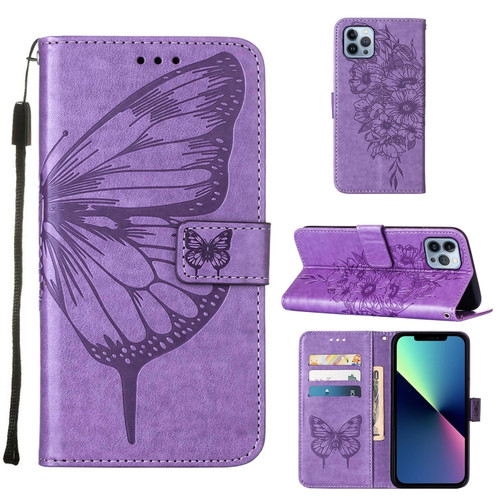 iPhone 15 Pro Embossed Butterfly Leather Phone Case - Light Purple