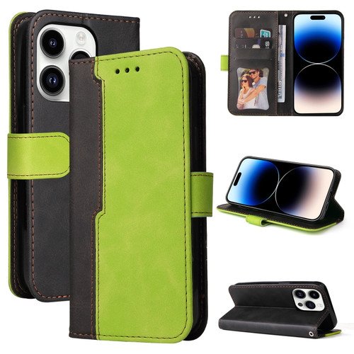 iPhone 15 Pro Stitching-color Leather Phone Case - Green