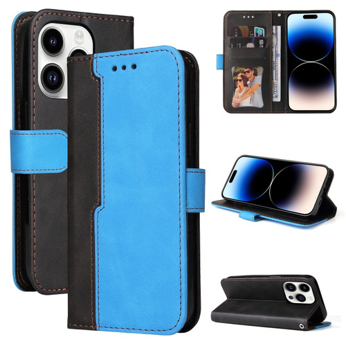 iPhone 15 Pro Stitching-color Leather Phone Case - Blue