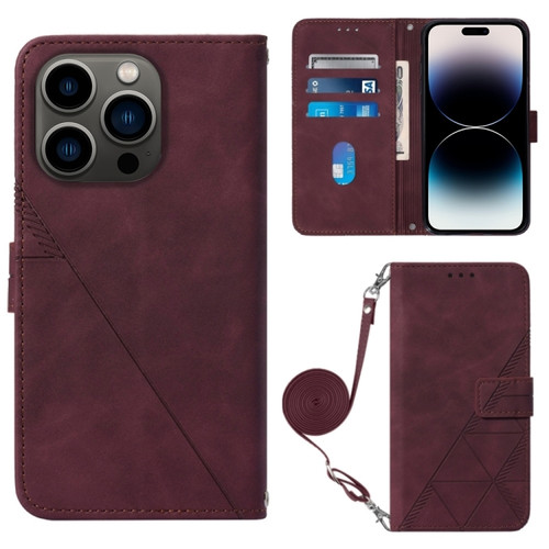 iPhone 15 Pro Crossbody 3D Embossed Flip Leather Phone Case - Wine Red