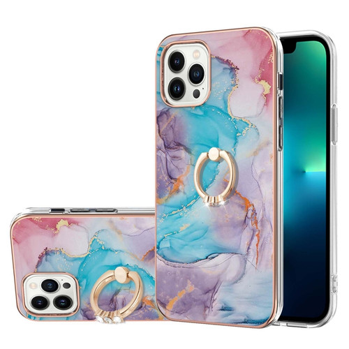 iPhone 15 Pro Electroplating Pattern IMD TPU Shockproof Case with Rhinestone Ring Holder - Milky Way Blue Marble