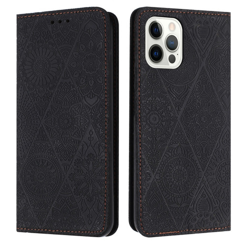 iPhone 15 Pro Ethnic Embossed Adsorption Leather Phone Case - Black