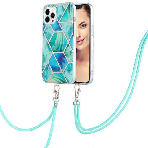 iPhone 15 Pro Electroplating Splicing Marble Pattern IMD TPU Shockproof Case with Neck Lanyard - Green