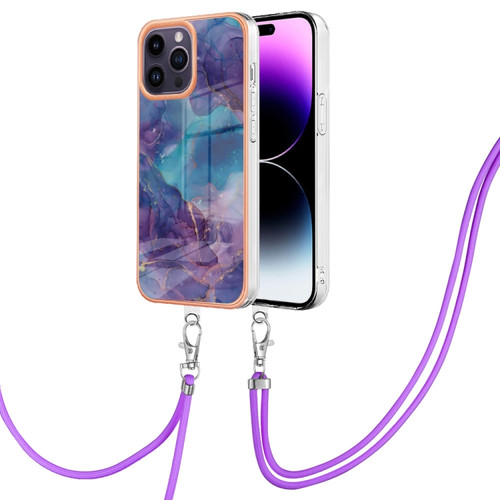 iPhone 15 Pro Electroplating Marble Dual-side IMD Phone Case with Lanyard - Purple 016
