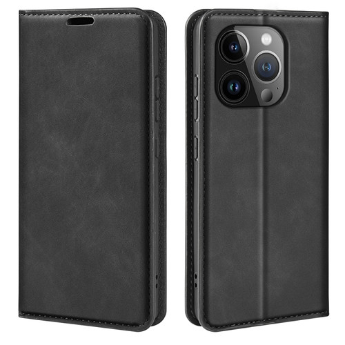 iPhone 15 Pro Retro-skin  Magnetic Suction Leather Phone Case - Black