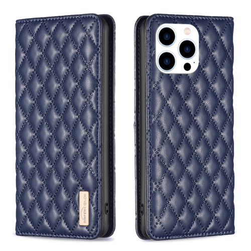 iPhone 15 Pro Diamond Lattice Magnetic Leather Flip Phone Case - Blue