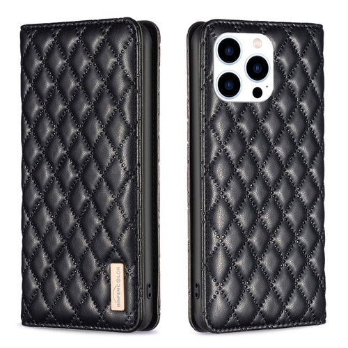 iPhone 15 Pro Diamond Lattice Magnetic Leather Flip Phone Case - Black