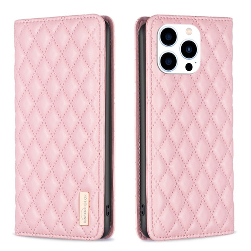 iPhone 15 Pro Diamond Lattice Magnetic Leather Flip Phone Case - Pink