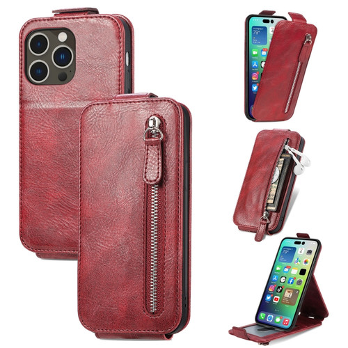 iPhone 15 Pro Zipper Wallet Vertical Flip Leather Phone Case - Red