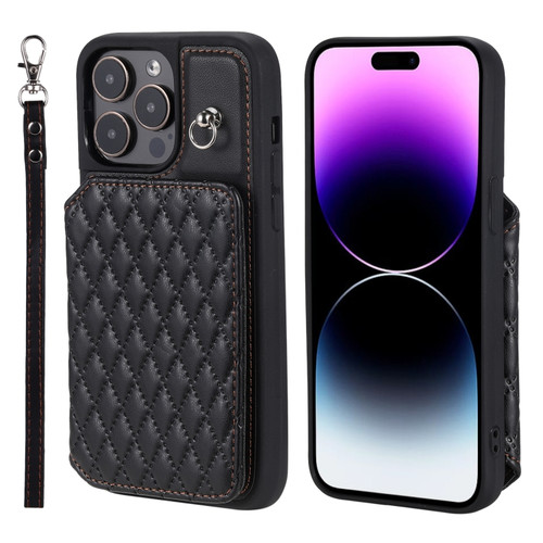 iPhone 15 Pro Grid Texture Card Bag Phone Case with Lanyard - Black
