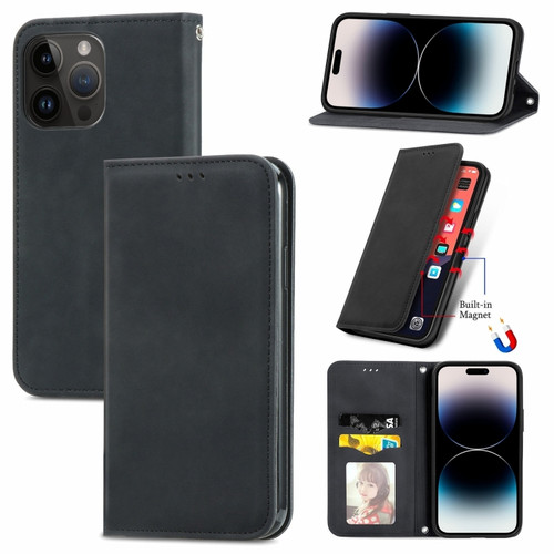 iPhone 15 Pro Retro Skin Feel Magnetic Flip Leather Phone Case - Black