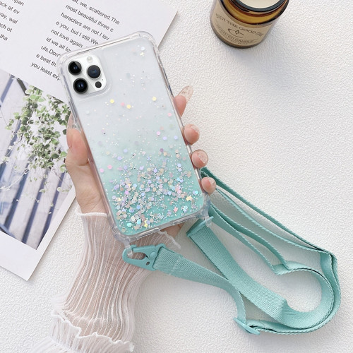 iPhone 15 Pro Gradient Glitter Epoxy TPU Thickened Acrylic Phone Case with Wide Lanyard - Blue