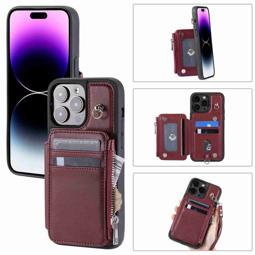 iPhone 15 Pro Zipper Card Slots RFID Phone Case - Wine Red