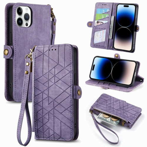 iPhone 15 Pro Geometric Zipper Wallet Side Buckle Leather Phone Case - Purple