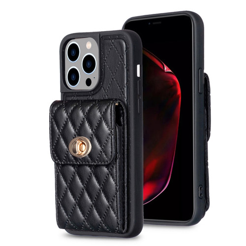 iPhone 15 Pro Vertical Wallet Rhombic Leather Phone Case - Black