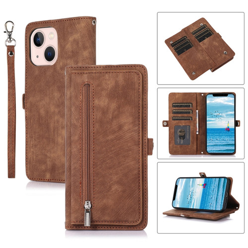 iPhone 15 Plus Zipper Card Slot Buckle Wallet Leather Phone Case - Brown