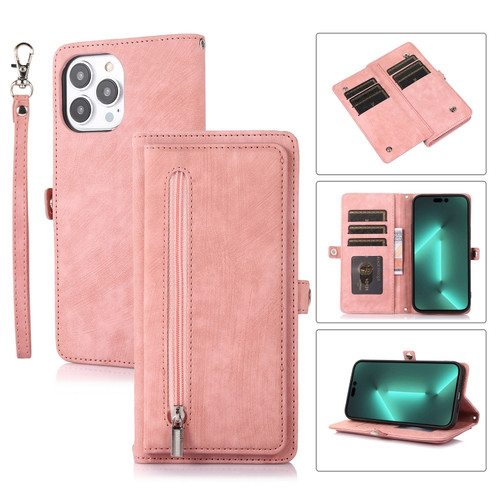 iPhone 15 Pro Zipper Card Slot Buckle Wallet Leather Phone Case - Pink