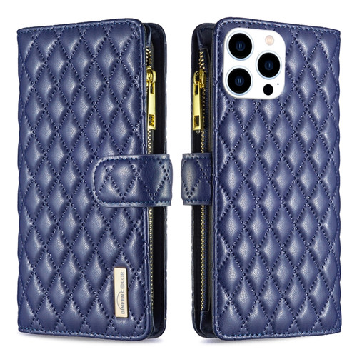 iPhone 15 Pro Diamond Lattice Zipper Wallet Leather Flip Phone Case - Blue
