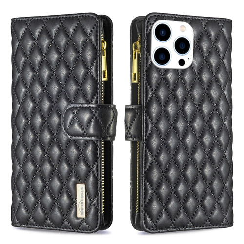 iPhone 15 Pro Diamond Lattice Zipper Wallet Leather Flip Phone Case - Black