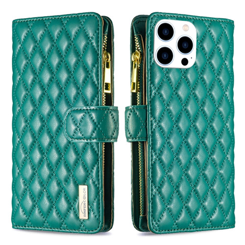 iPhone 15 Pro Diamond Lattice Zipper Wallet Leather Flip Phone Case - Green