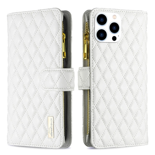 iPhone 15 Pro Diamond Lattice Zipper Wallet Leather Flip Phone Case - White
