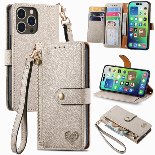 iPhone 15 Pro Love Zipper Lanyard Leather Phone Case - Gray