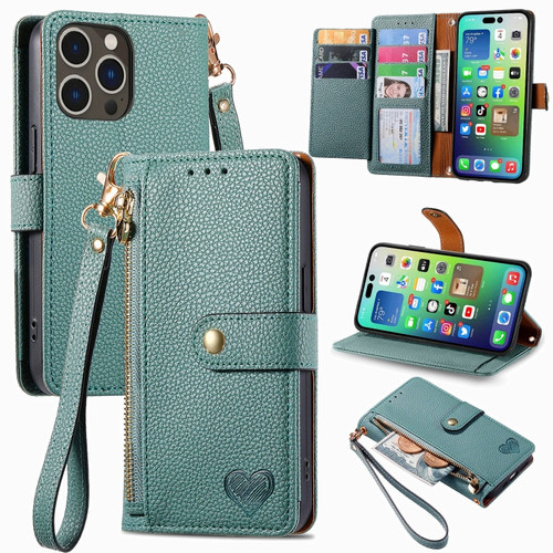 iPhone 15 Pro Love Zipper Lanyard Leather Phone Case - Green