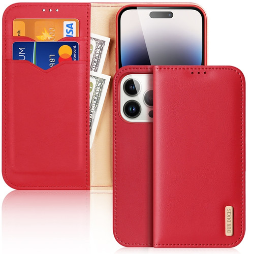 iPhone 15 Pro DUX DUCIS Hivo Series Cowhide + PU + TPU Flip Phone Case - Red