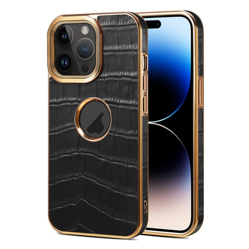 iPhone 15 Pro Denior Crocodile Texture Genuine Leather Electroplating Phone Case - Black