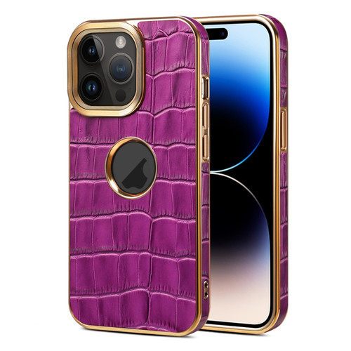 iPhone 15 Pro Denior Crocodile Texture Genuine Leather Electroplating Phone Case - Purple