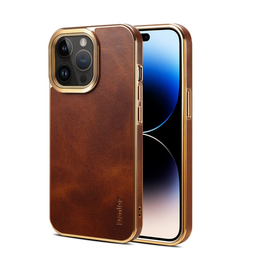 iPhone 15 Pro Denior Oil Wax Cowhide Plating Phone Case - Brown