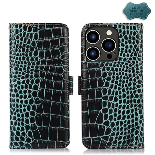 iPhone 15 Pro Crocodile Top Layer Cowhide Leather Phone Case - Green