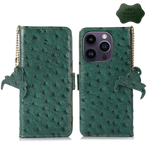 iPhone 15 Pro Ostrich Pattern Genuine Leather RFID Phone Case - Green