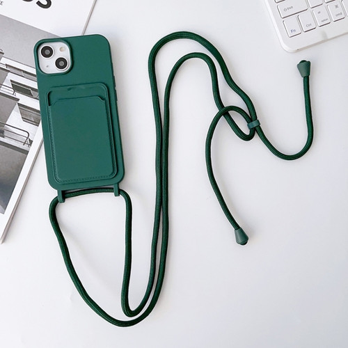 iPhone 15 Plus Crossbody Lanyard Elastic Silicone Card Holder Phone Case - Dark Green