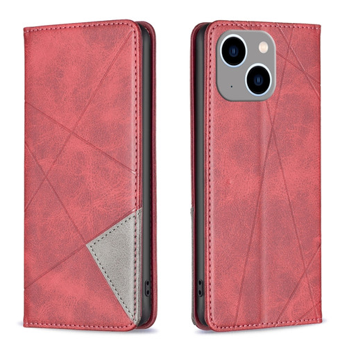 iPhone 15 Plus Rhombus Texture Magnetic Leather Phone Case - Red