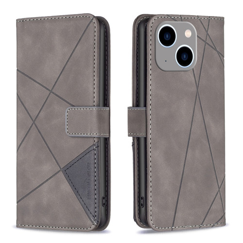 iPhone 15 Plus Magnetic Buckle Rhombus Texture Leather Phone Case - Grey