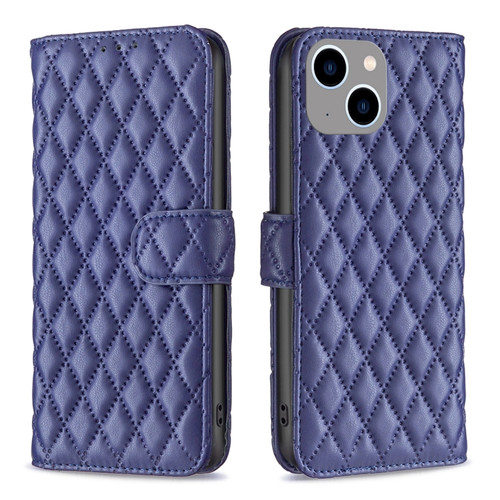 iPhone 15 Plus Diamond Lattice Wallet Flip Leather Phone Case - Blue