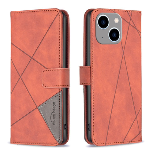 iPhone 15 Plus Magnetic Buckle Rhombus Texture Leather Phone Case - Brown