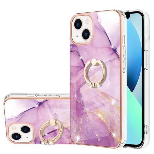 iPhone 15 Plus Electroplating Marble Pattern IMD TPU Shockproof Case with Ring Holder - Purple 001