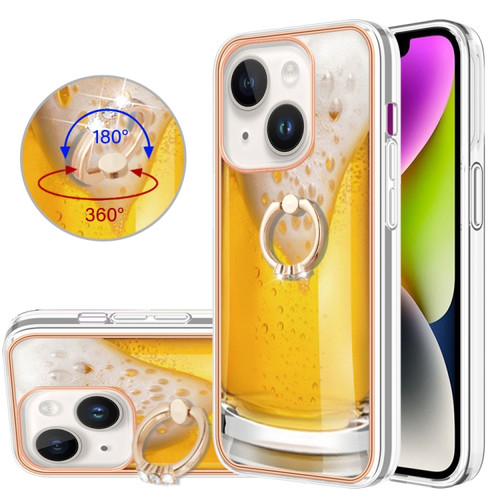 iPhone 15 Plus Electroplating Dual-side IMD Phone Case with Ring Holder - Draft Beer