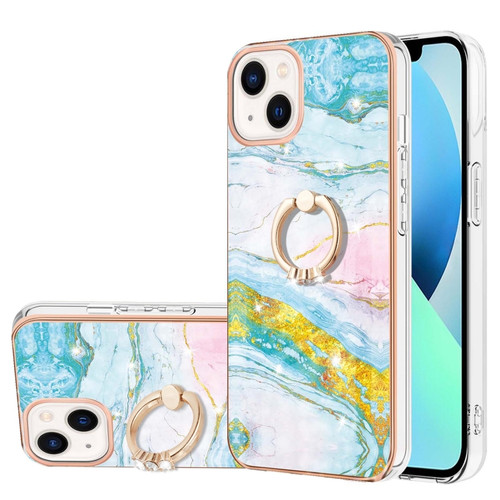 iPhone 15 Plus Electroplating Marble Pattern IMD TPU Shockproof Case with Ring Holder - Green 004